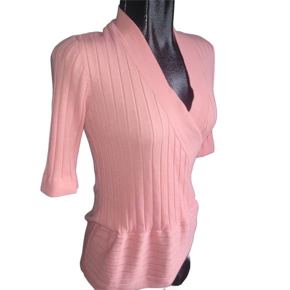 Le Chateau Light Pink Ribbed Wrap Short Sleeve Top L - Picture 2 of 7